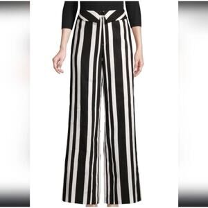 Alice + Olivia Size 4 Striped Linen Wide Leg Pants Fold Over Waist Black White
